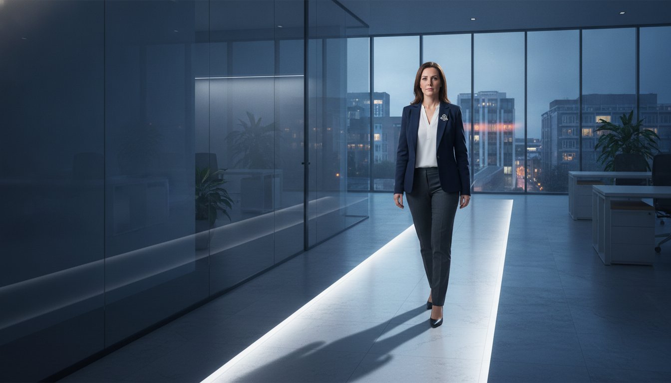 A professional walking through a modern office corridor