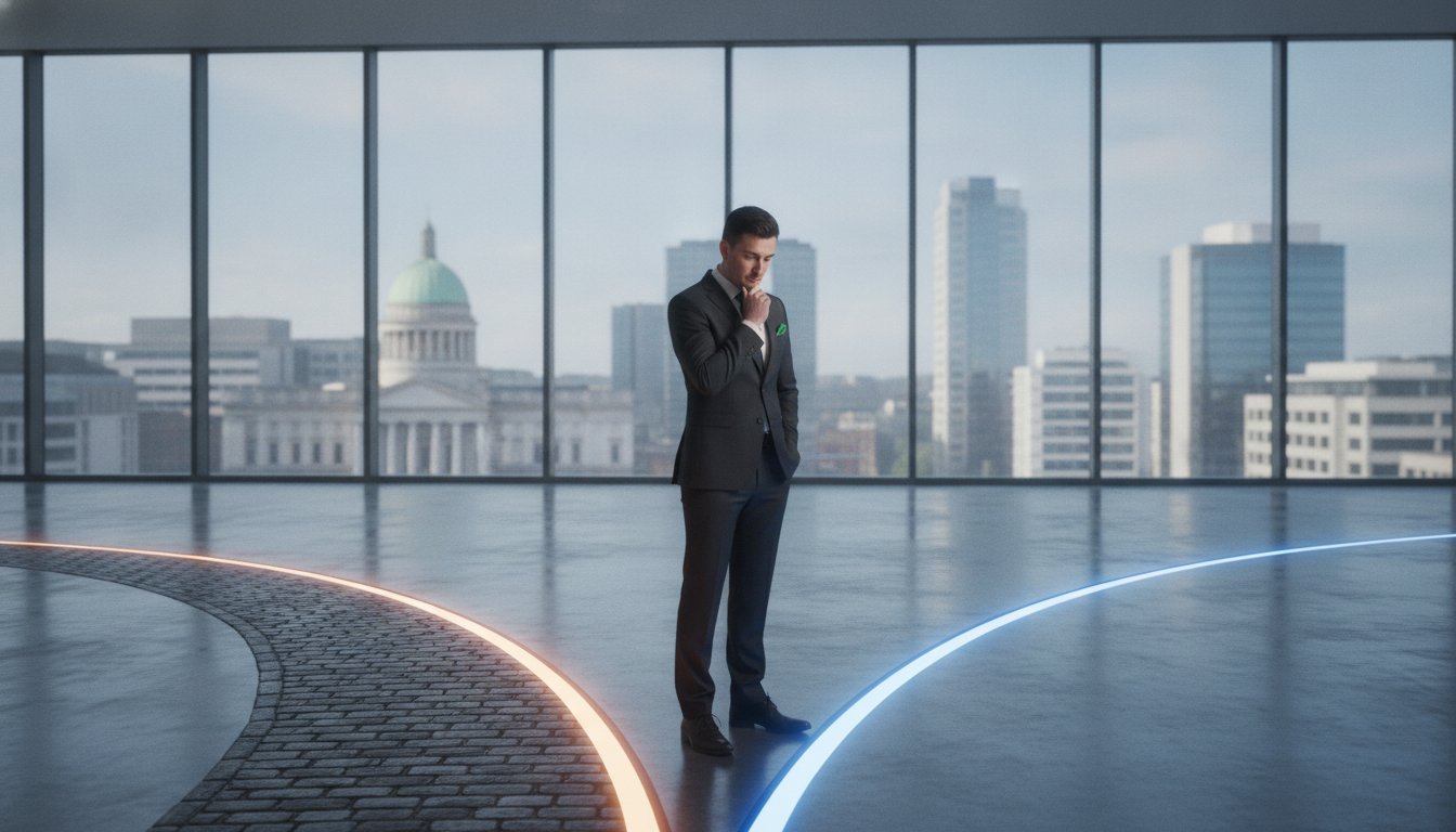 A professional considering two illuminated paths in a modern office