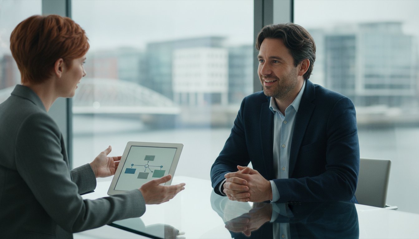 Two professionals meeting in a modern office while reviewing a tablet