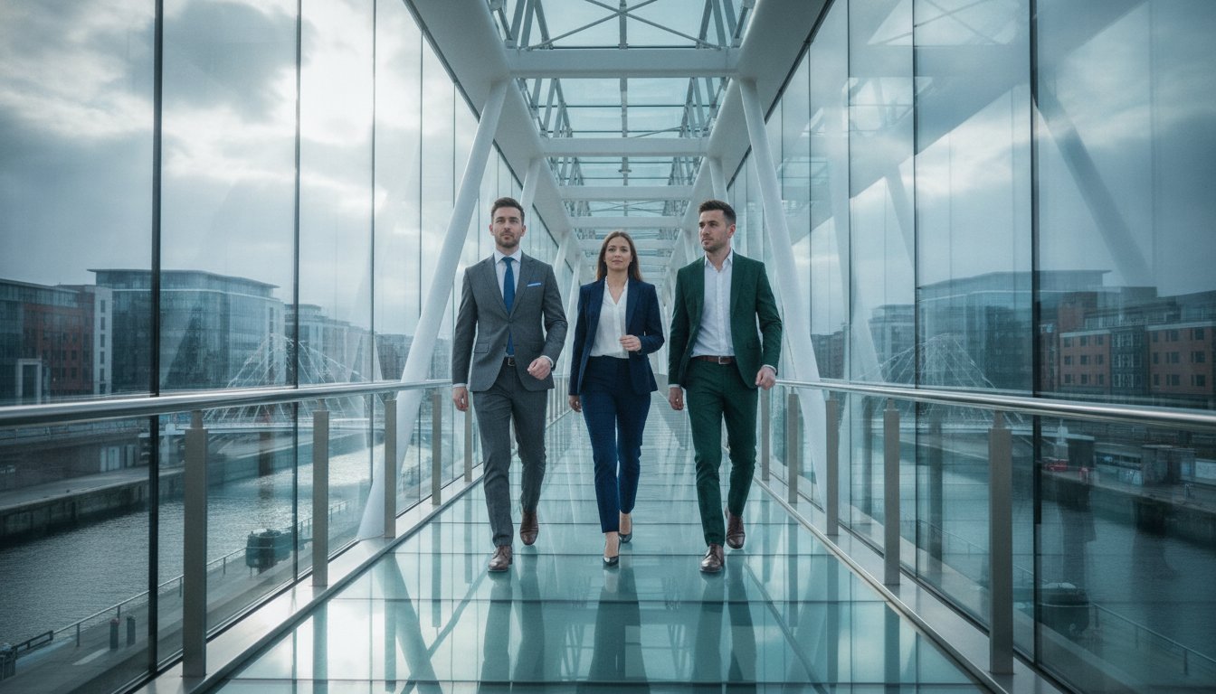 Three professionals walking together across a glass bridge