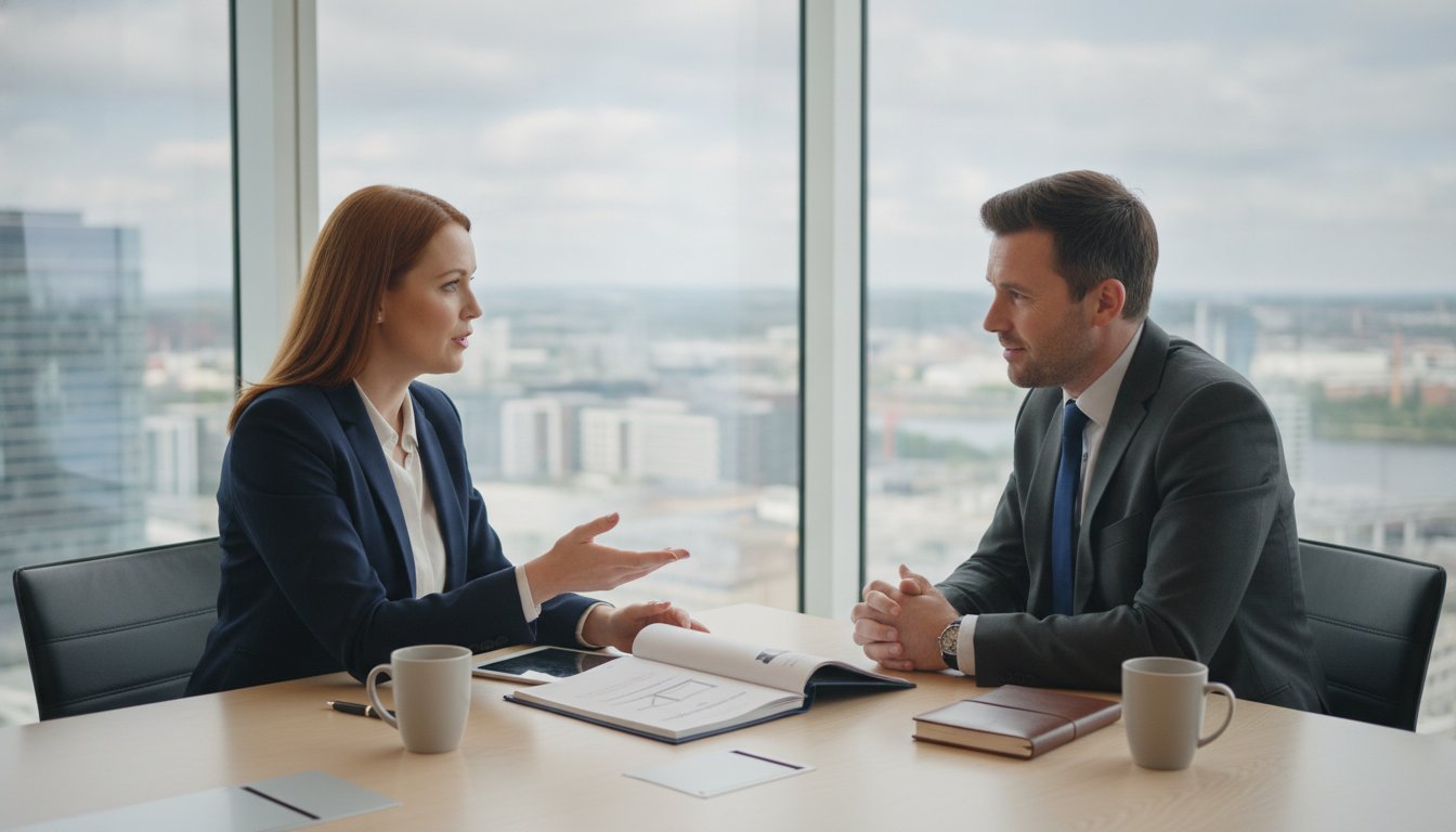 Two professionals discussing documents at a modern boardroom table