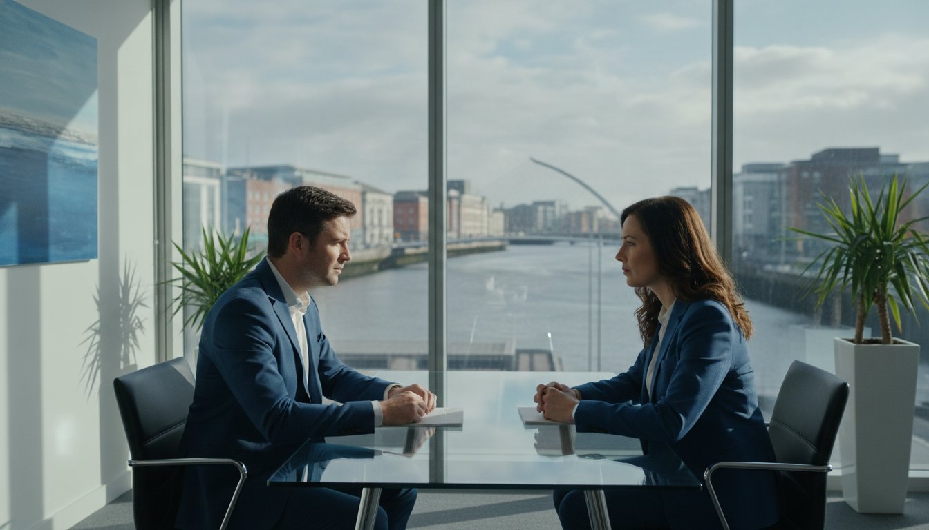 Two professionals meeting beside a glass table overlooking Dublin