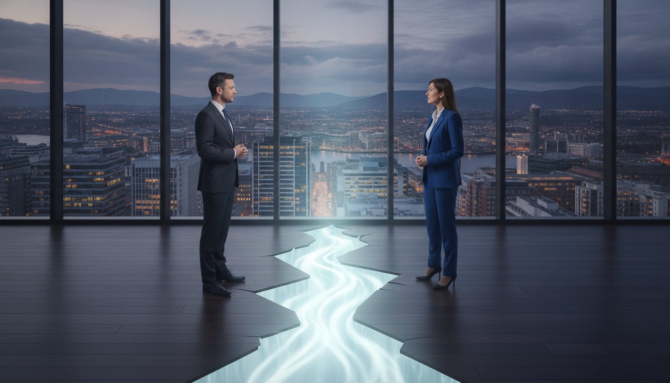 Two professionals standing on opposite sides of a luminous path in an office