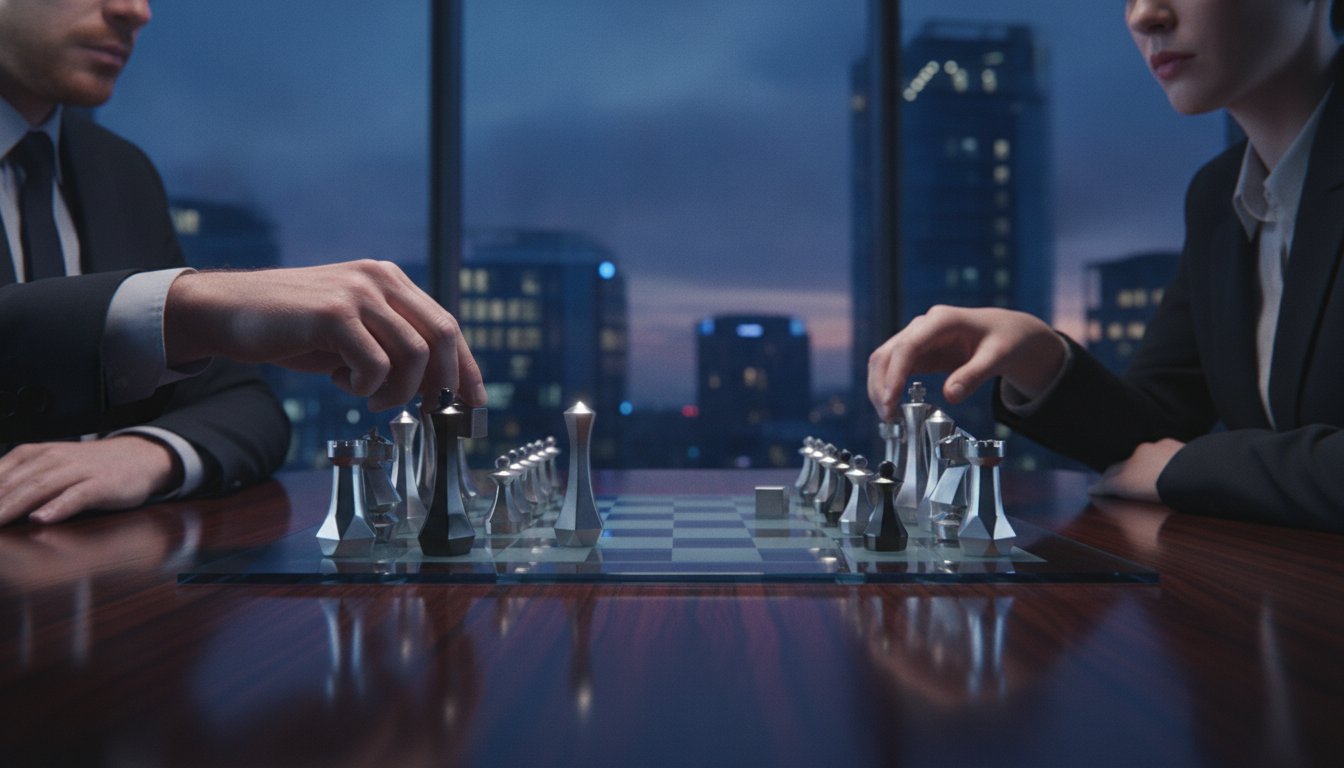 Two professionals playing chess across a dark wooden table