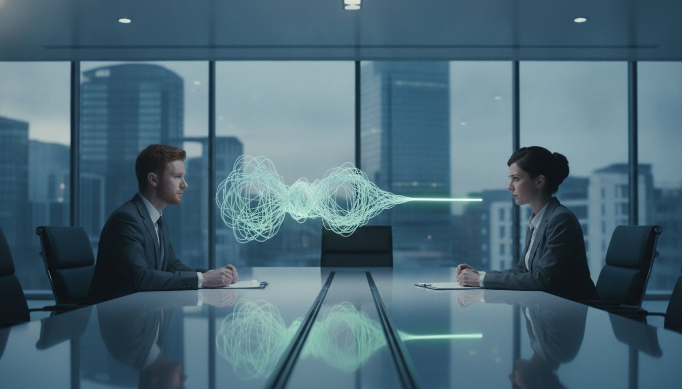 Two professionals seated opposite one another with a connected-data visualisation