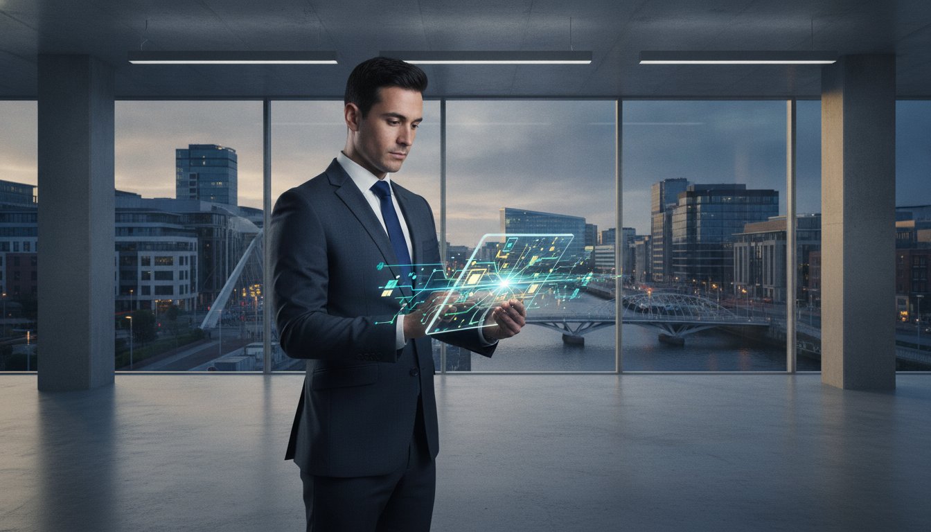 A professional interacting with a digital visualisation in a modern office