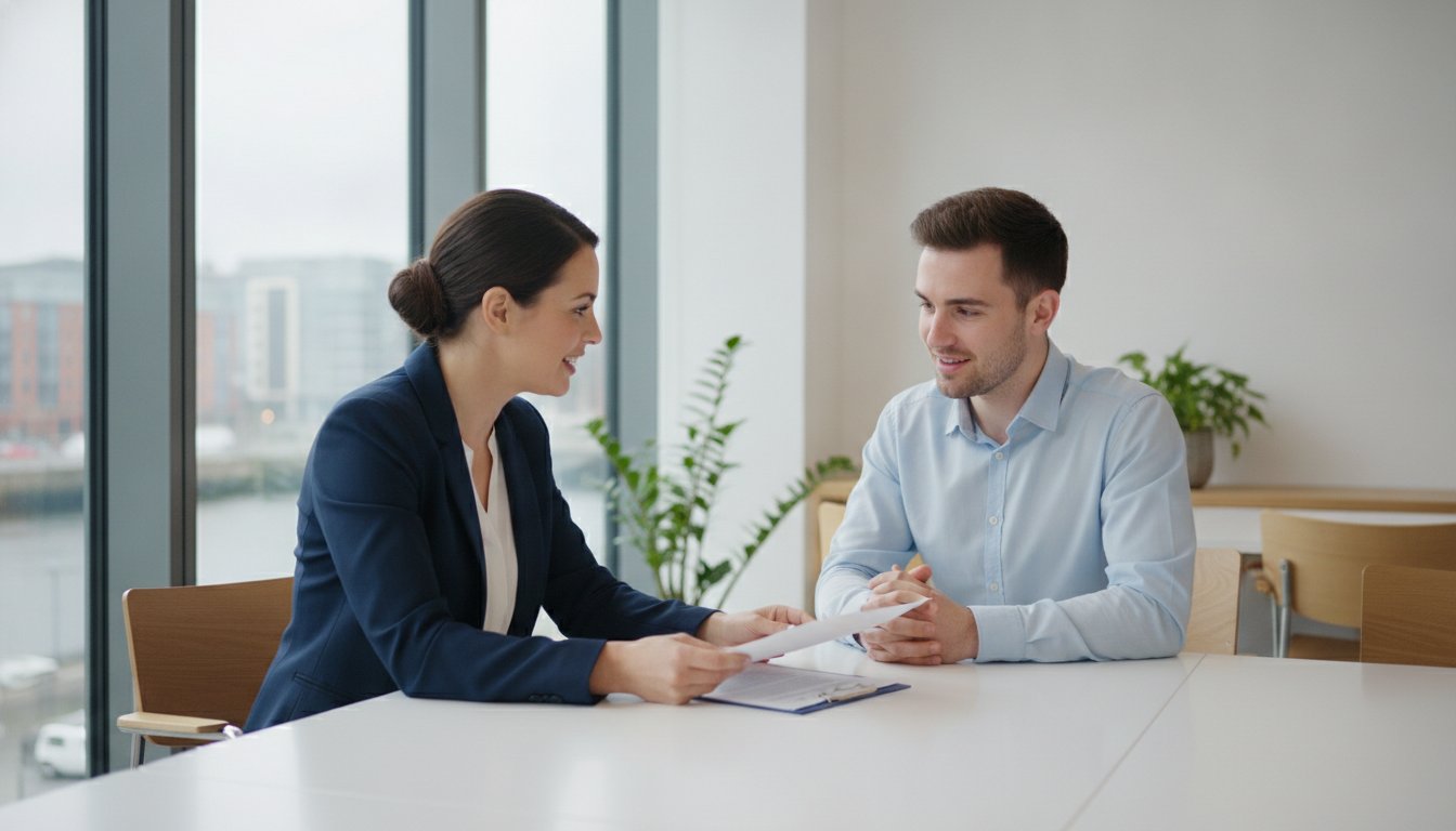 Two professionals consulting over documents in a bright office