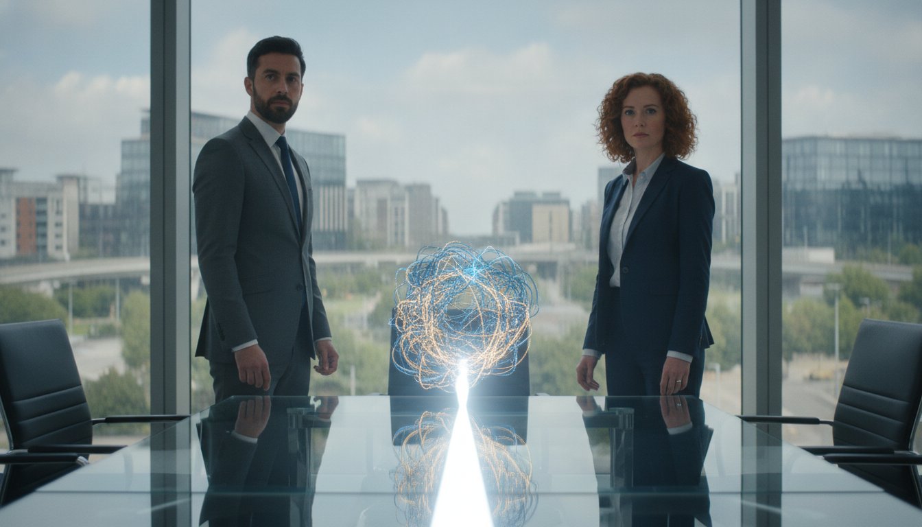 Two professionals standing across a conference table with a glowing network graphic between them